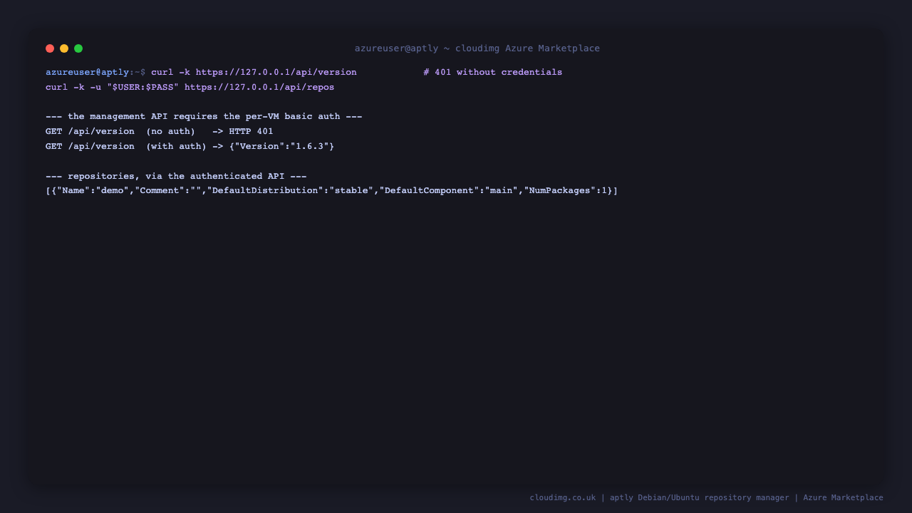 the management API returns HTTP 401 for an unauthenticated request and HTTP 200 with the version 1.6.3 when the per instance basic auth credentials are supplied, and the authenticated repos endpoint lists the demo repository with one package
