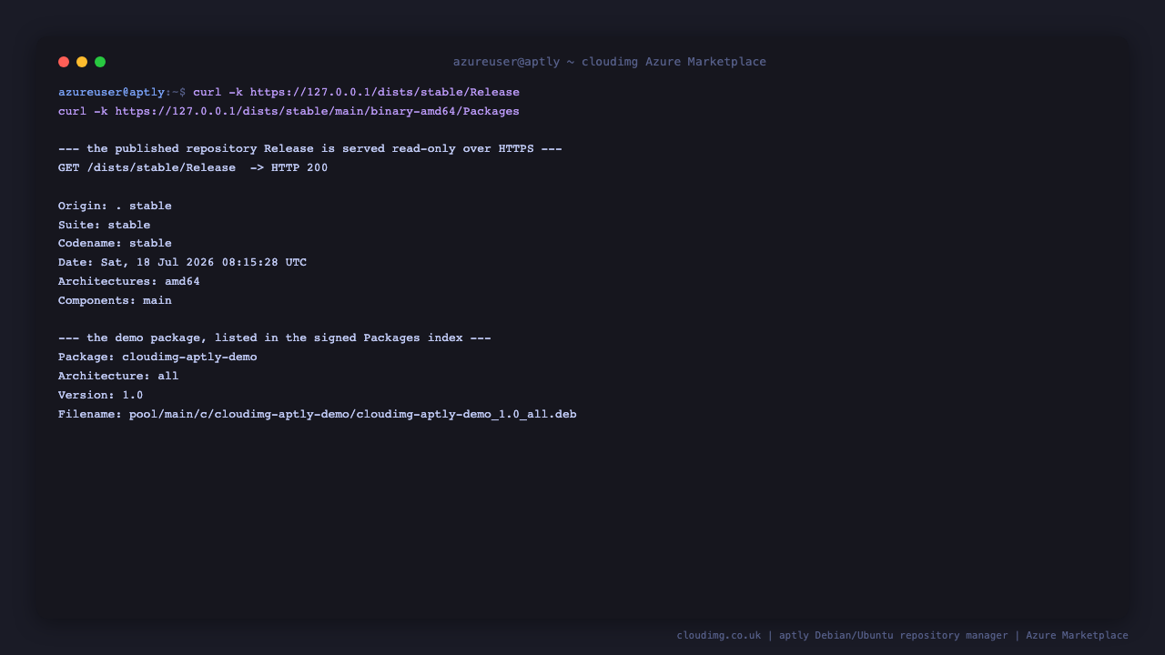 the published Release file for the stable distribution is served over HTTPS with a 200 response and lists the suite, codename, architectures and components, and the Packages index lists the cloudimg-aptly-demo package with its version, architecture and pool filename