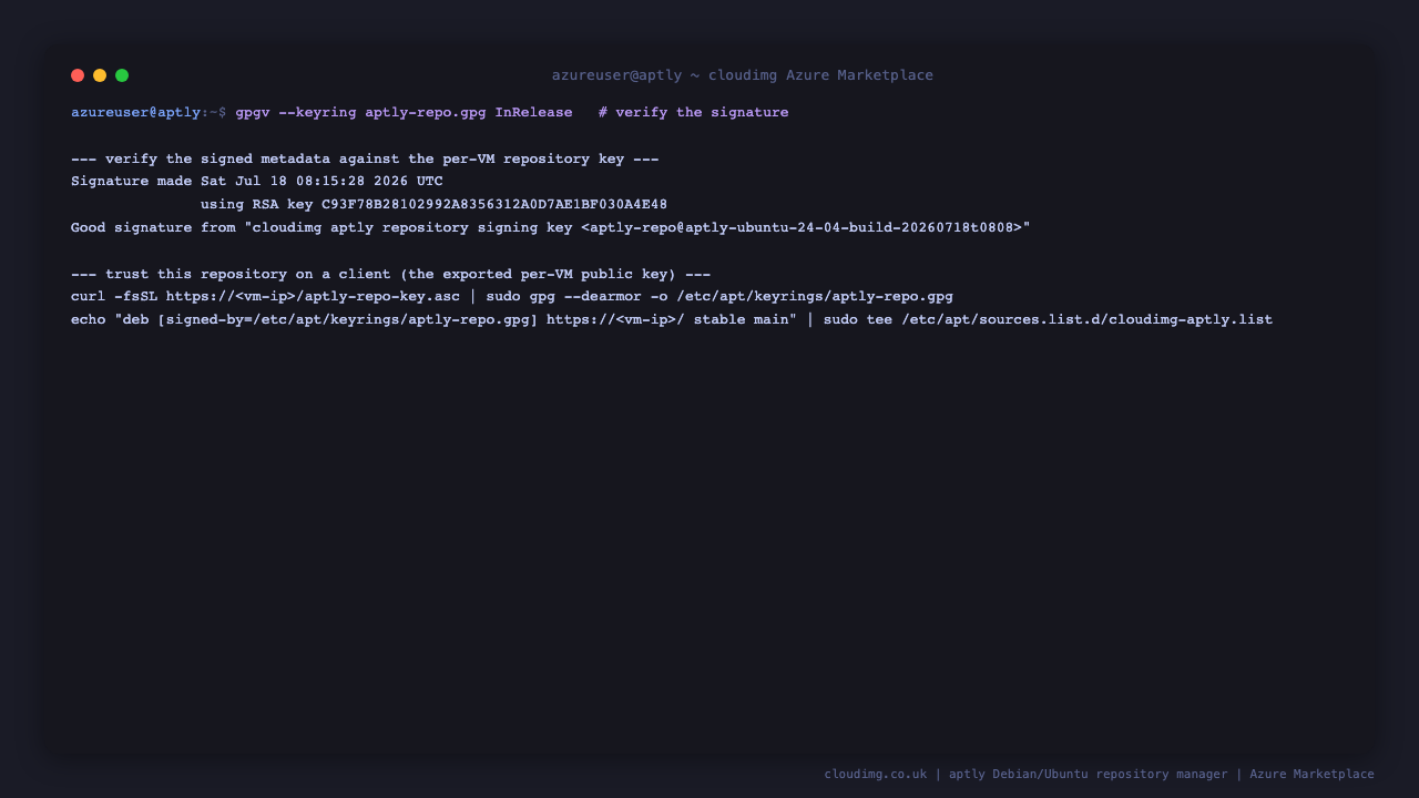 gpgv reports a good signature on the InRelease file, made with the RSA per instance repository signing key, and the commands to trust this repository on a client by importing the exported public key and adding a signed-by apt source