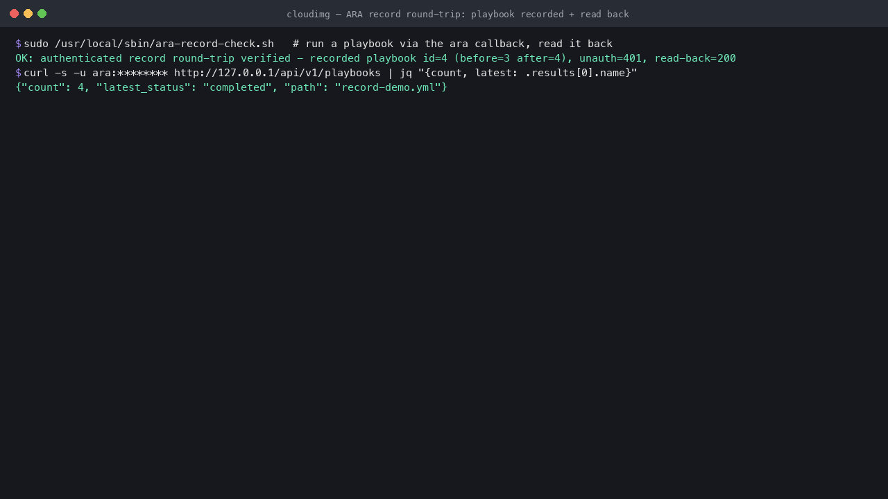 The record round-trip helper running a playbook through the ara callback and reading it back through the authenticated API, and the API reporting the recorded playbook count