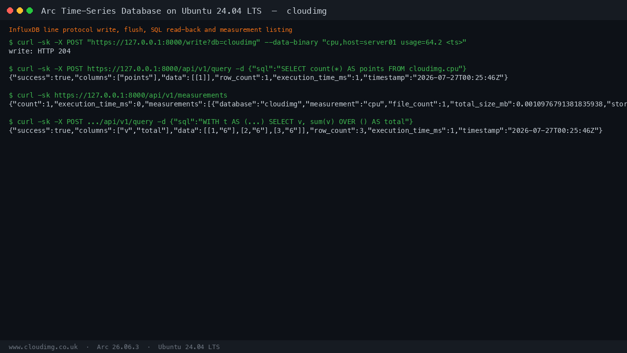 a line protocol write returns HTTP 204, the buffer is flushed, and a follow up SQL count query returns success true with the stored point count, then the measurements endpoint lists the cpu measurement, all authenticated with the per VM bearer token