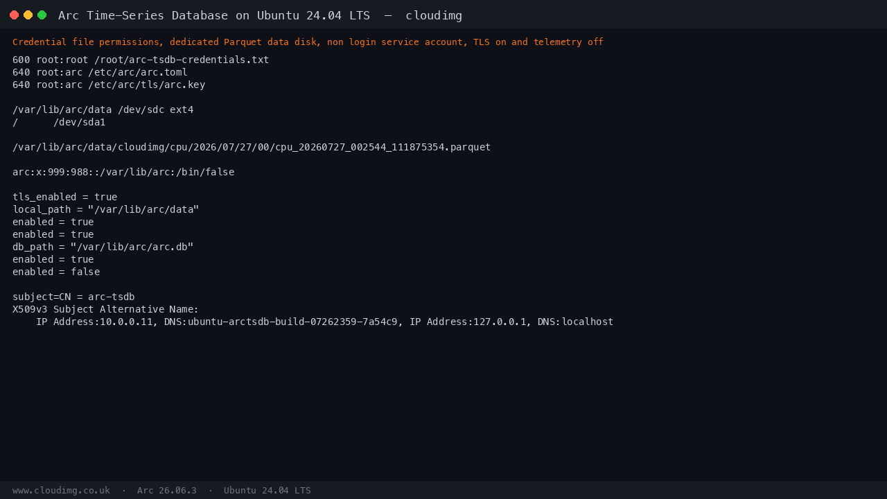the credentials file is 0600 root root, the Parquet store is mounted on the dedicated 30 GB data disk separate from the OS disk with real parquet files present, the arc service account is non login, and the configuration shows TLS enabled with telemetry disabled