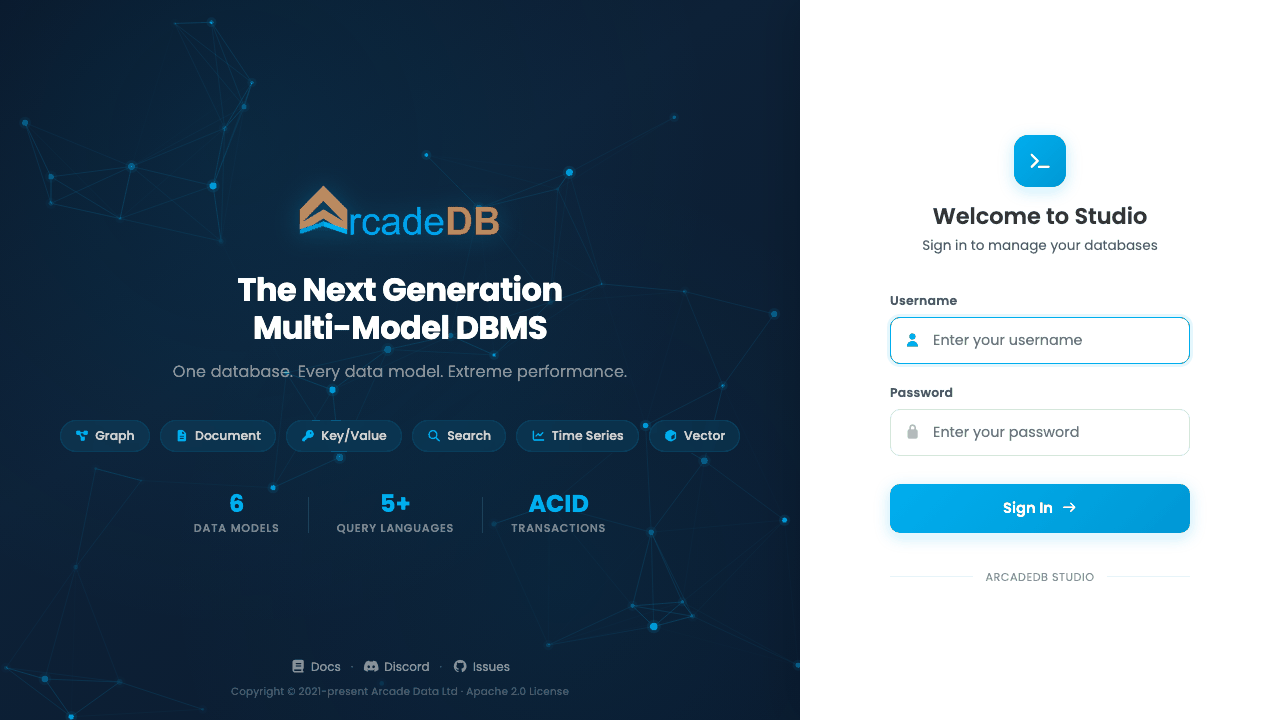 The ArcadeDB Studio sign-in page with the multi-model overview (graph, document, key/value, search, time series, vector) and the username and password fields