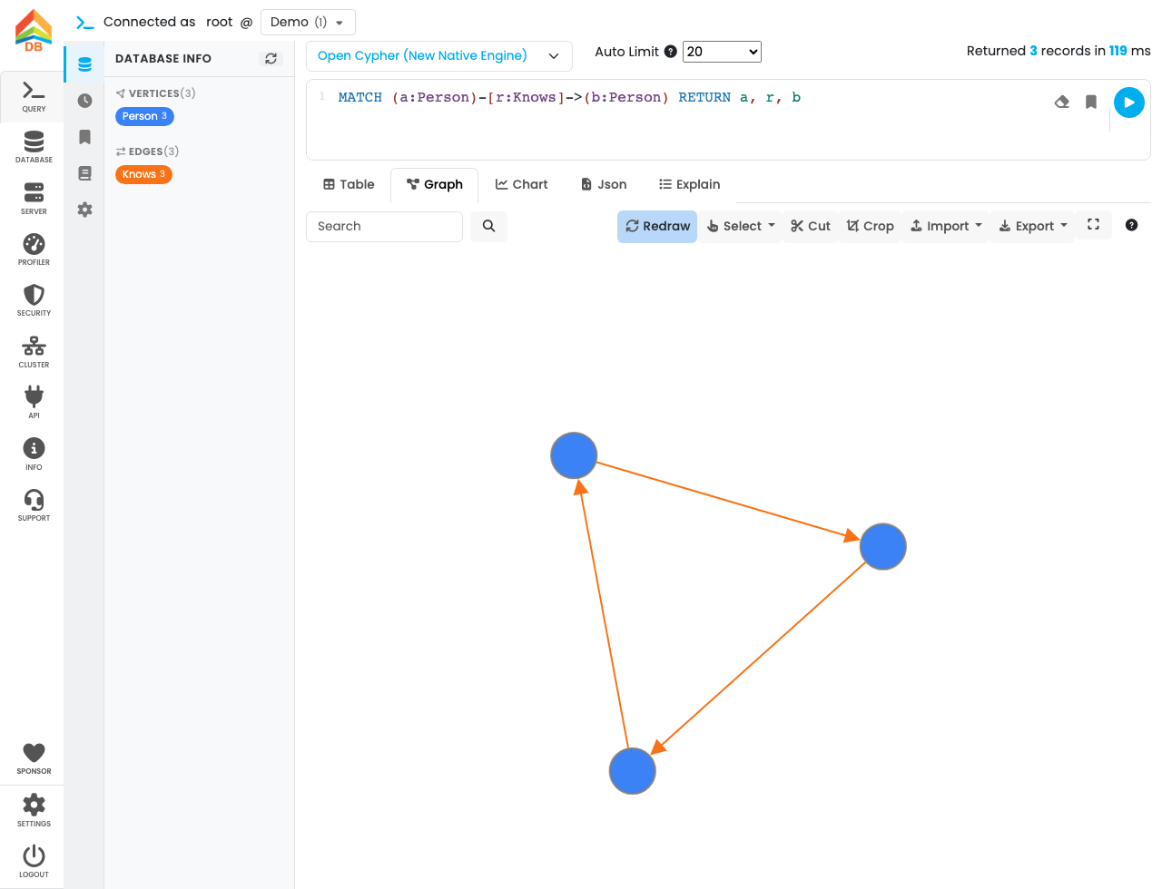 ArcadeDB Studio Graph view of MATCH (a:Person)-[r:Knows]->(b:Person) RETURN a, r, b showing three Person vertices joined by directed Knows edges