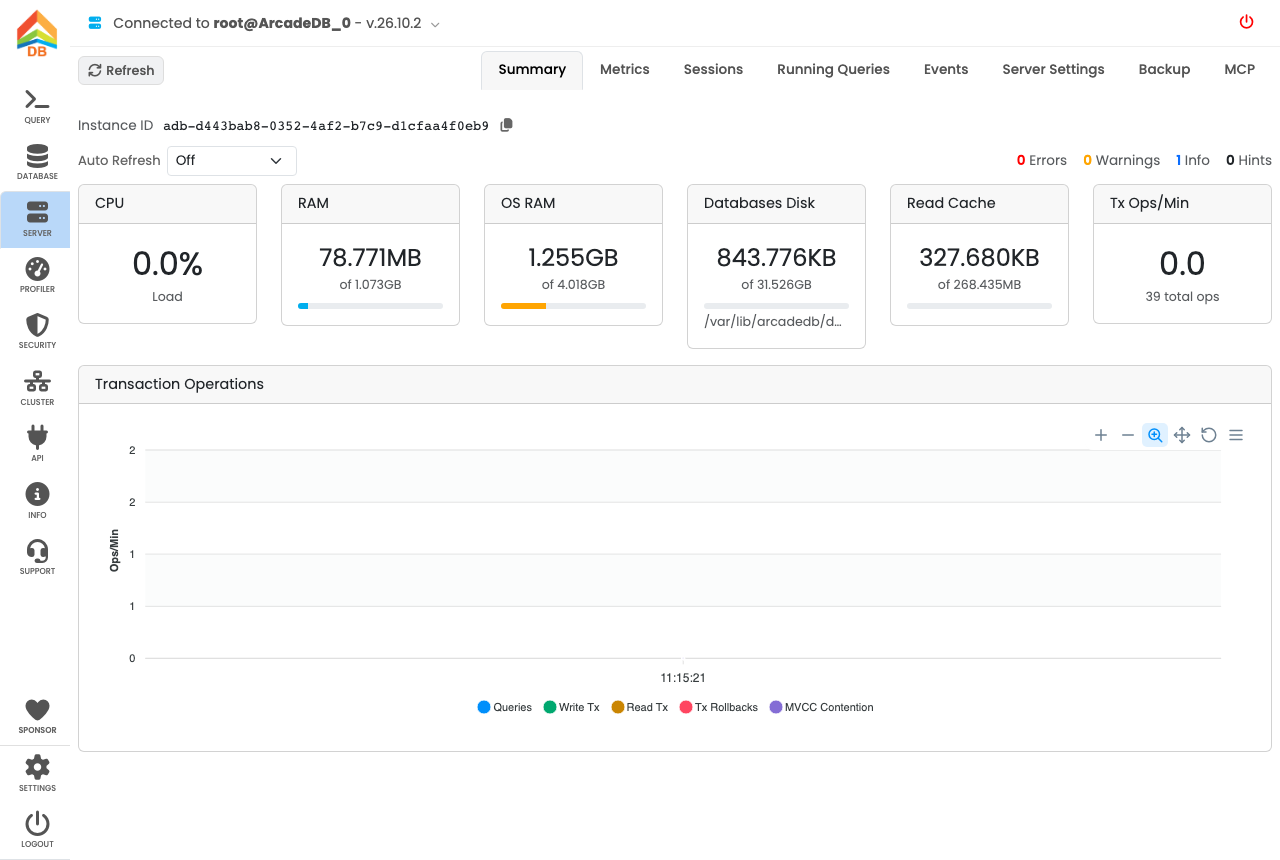 The ArcadeDB Studio Server summary for root@ArcadeDB_0 v.26.10.2 with CPU, RAM, databases disk and transaction metrics