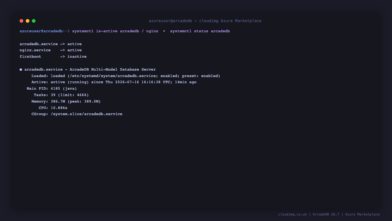 ArcadeDB and nginx services active, first boot complete, and systemctl status showing the ArcadeDB Multi-Model Database Server running
