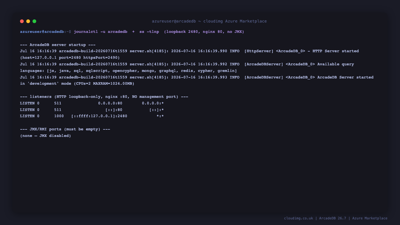 ArcadeDB server startup log showing the available query languages, with ss confirming the HTTP listener on loopback 2480 and nginx on port 80 and no open JMX port