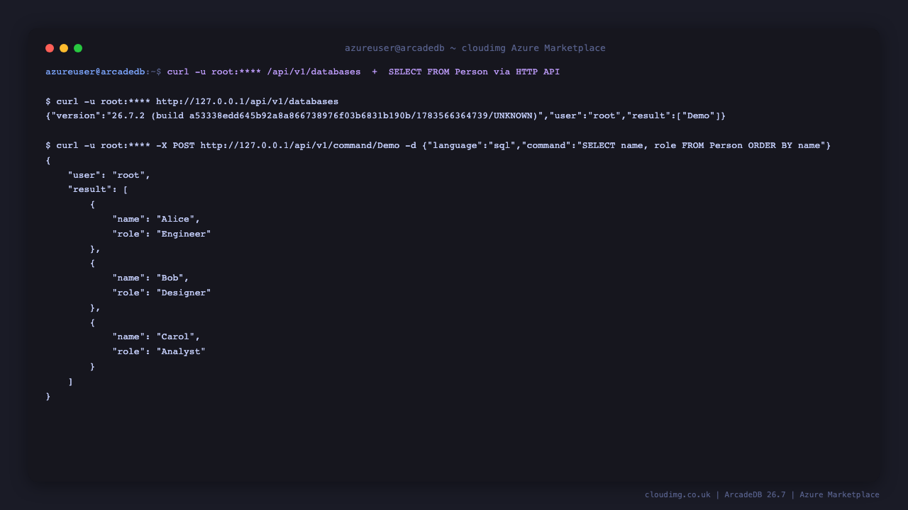 Authenticated ArcadeDB HTTP API round trip: curl with root credentials listing databases and running a SQL query that returns the Alice, Bob and Carol Person records