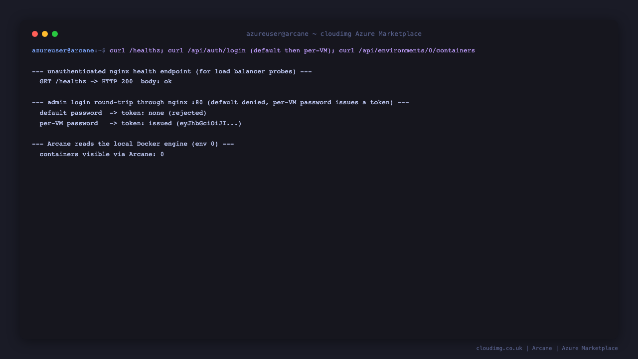 The nginx health endpoint returning ok, the admin login round-trip rejecting the default password and issuing a token for the per-VM password, and Arcane reading the local Docker engine