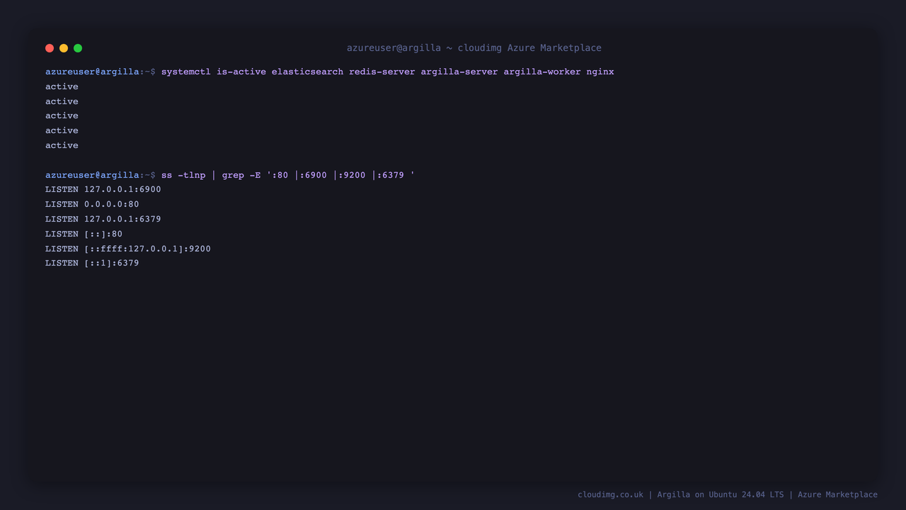 The five Argilla services reporting active and the listening ports, nginx on 80 and the application, Elasticsearch and Redis on loopback