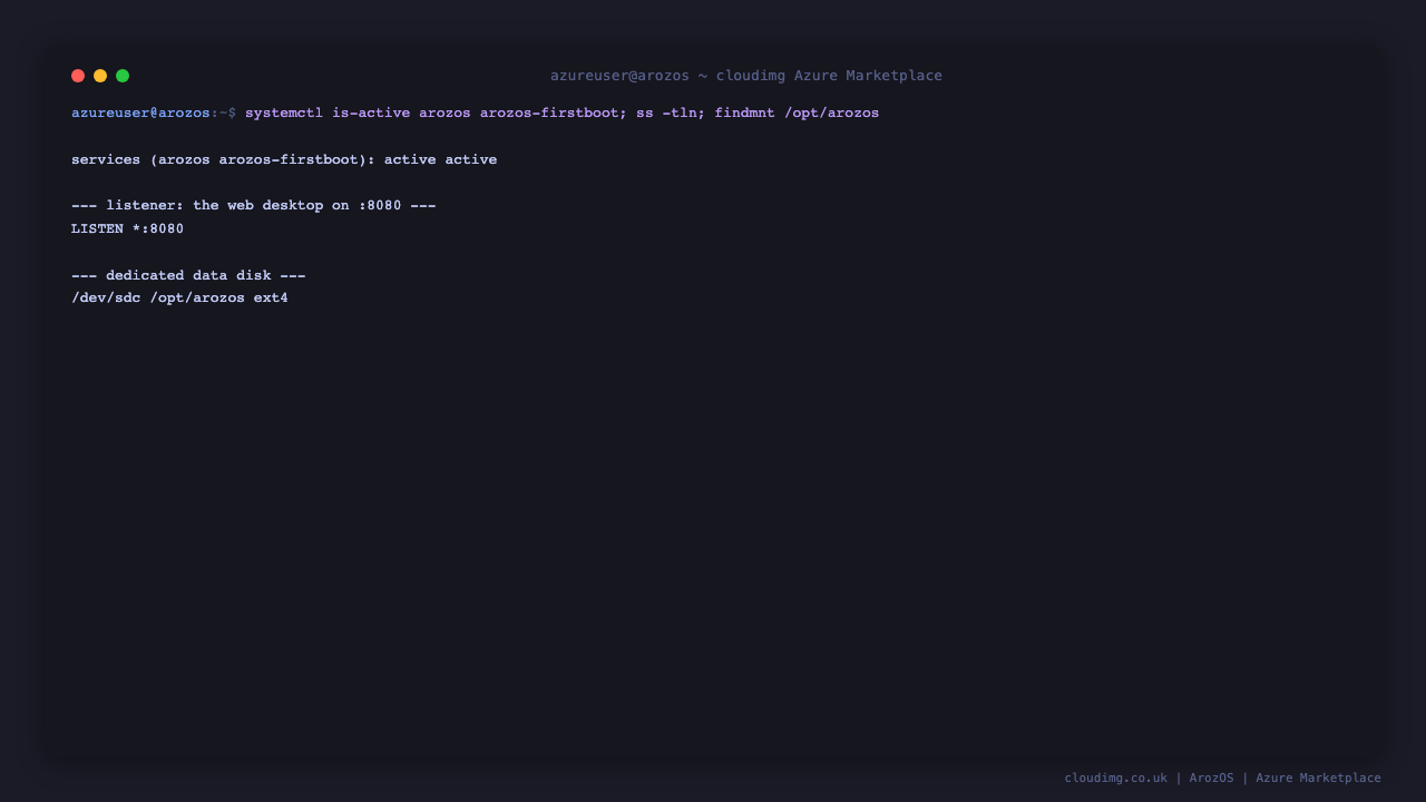 The arozos and arozos-firstboot services active, the web desktop listening on port 8080, and the dedicated ext4 data disk mounted at /opt/arozos