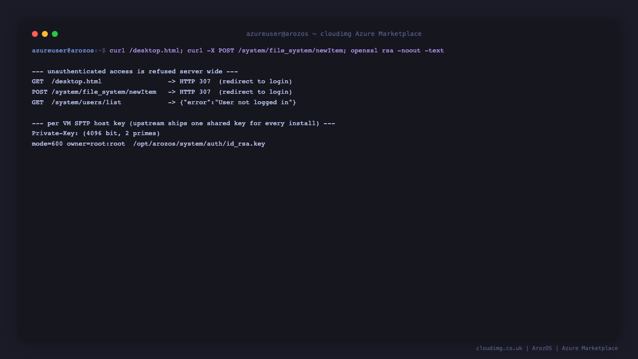 Unauthenticated requests for the desktop and for a file creation both returning HTTP 307 to the login page, the users API rejecting the caller, and the per VM 4096 bit SFTP host key generated on first boot