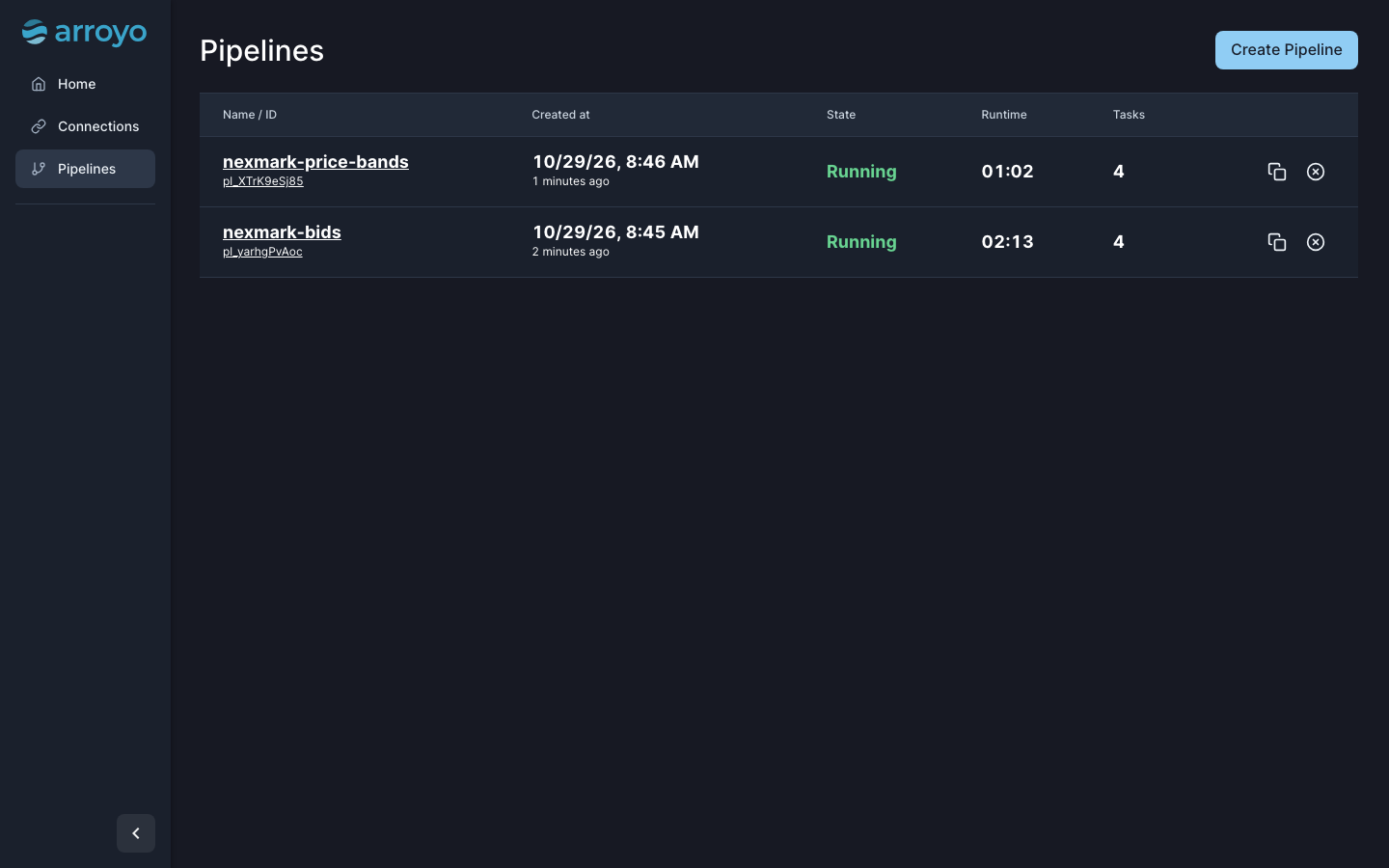 The Arroyo console over HTTPS: the pipelines list with two running Nexmark pipelines, their state, runtime and task count