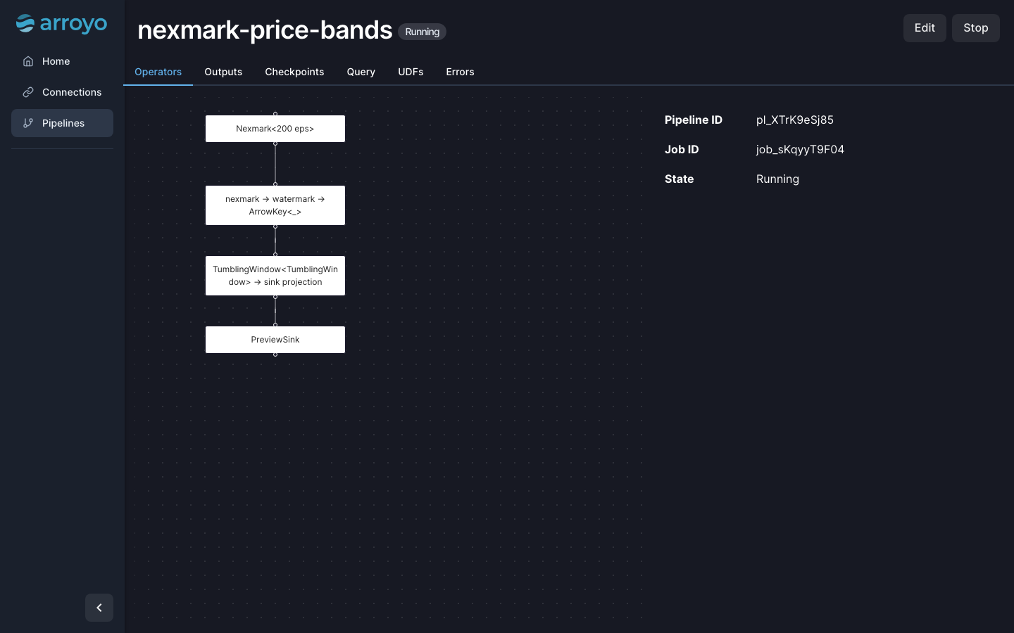 A running pipeline's page: the operator graph from the Nexmark source through a tumbling window to the preview sink, with its pipeline and job IDs