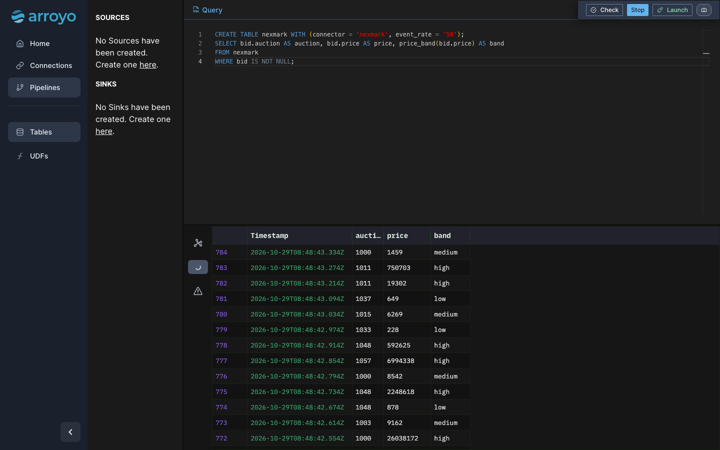 The pipeline editor: a query over the built-in Nexmark source calling the price_band Python UDF, with live preview rows of auction, price and band below