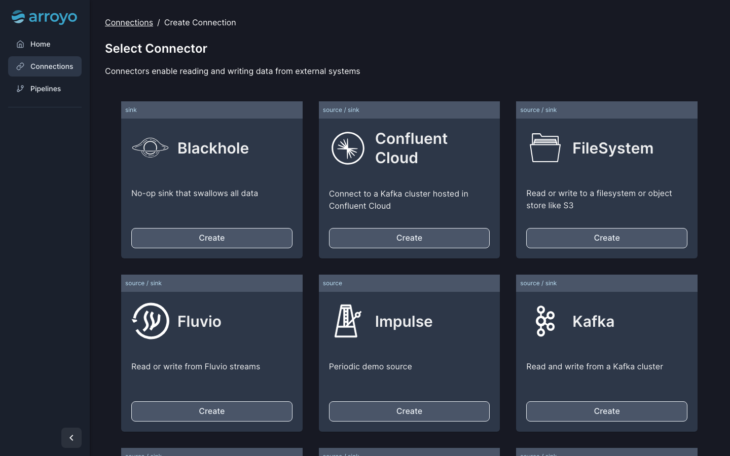 The console's connector catalogue: Blackhole, Confluent Cloud, FileSystem, Fluvio, Impulse, Kafka and more