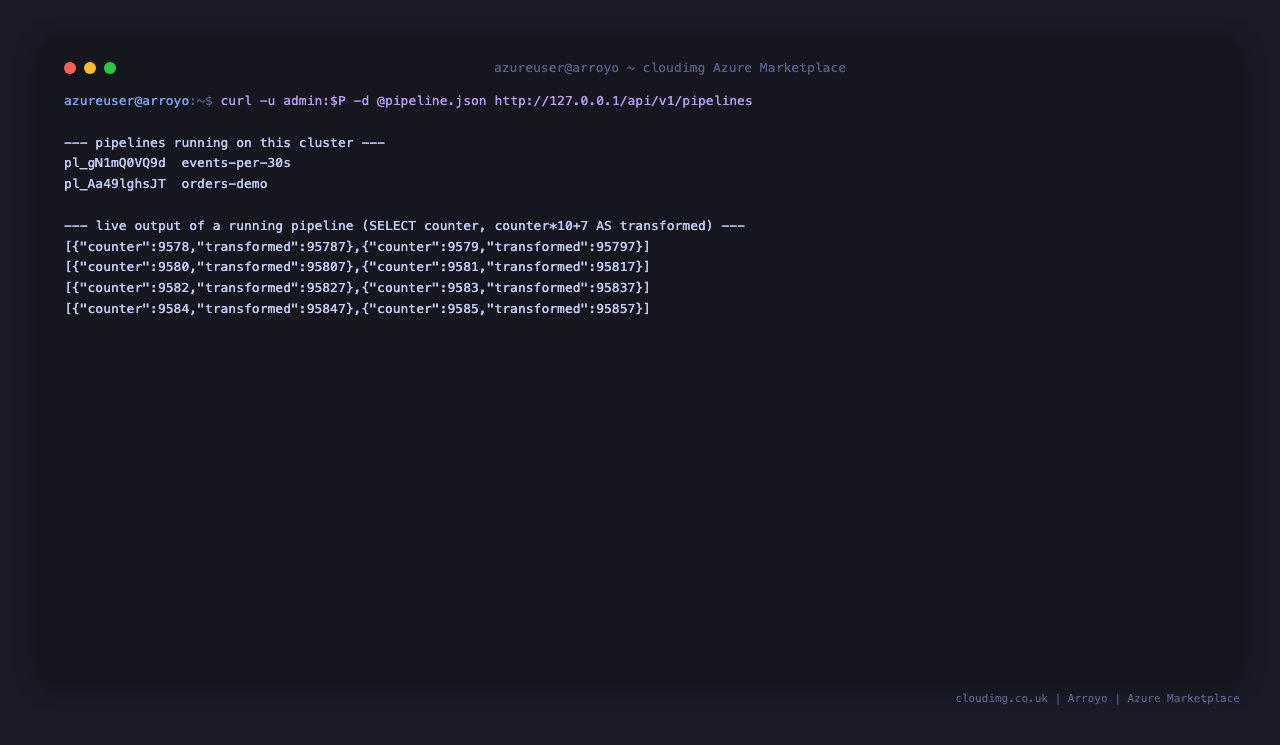 Creating a pipeline through the authenticated Arroyo REST API and reading back its job state
