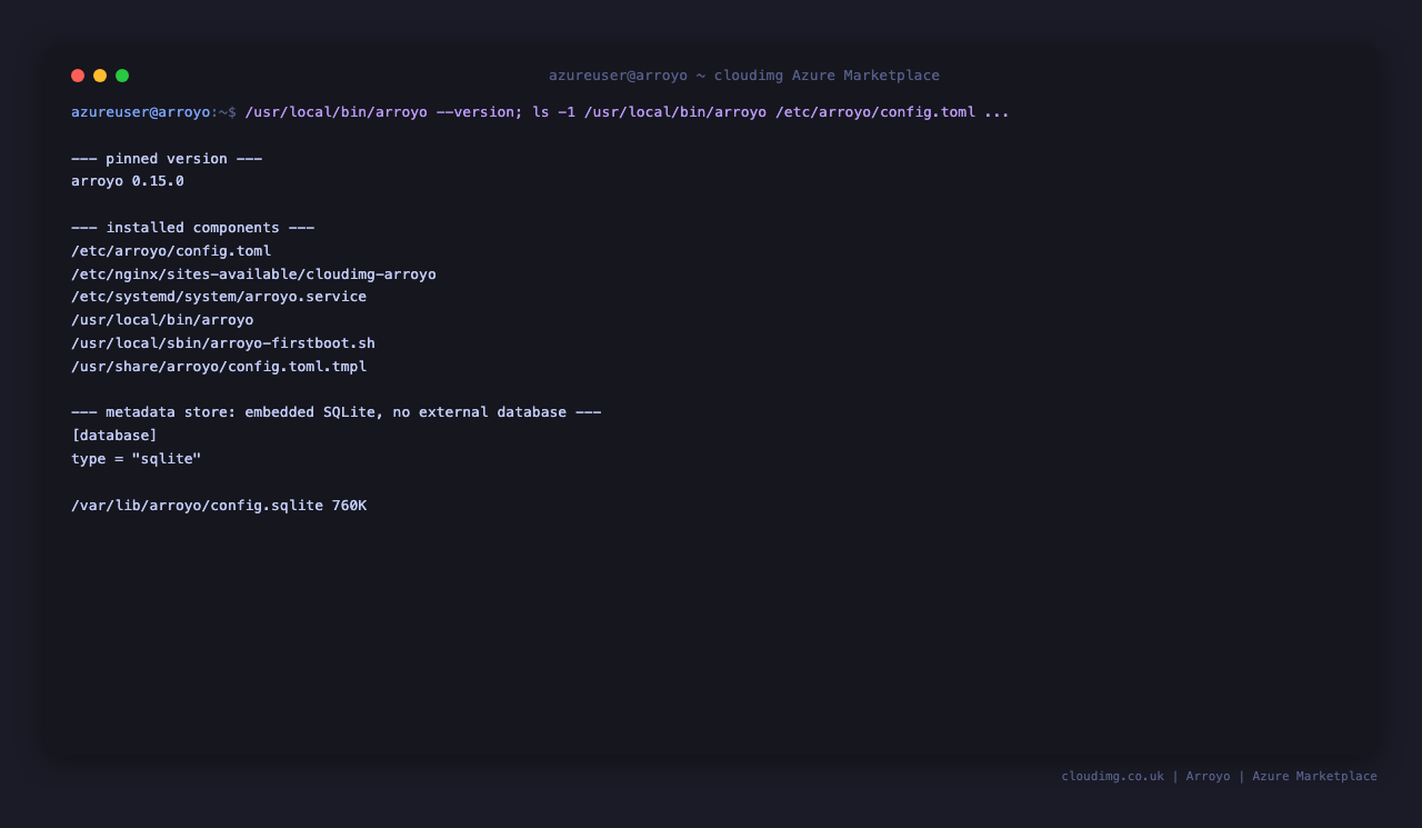 Arroyo reporting version 0.15.0 and the installed component paths on disk
