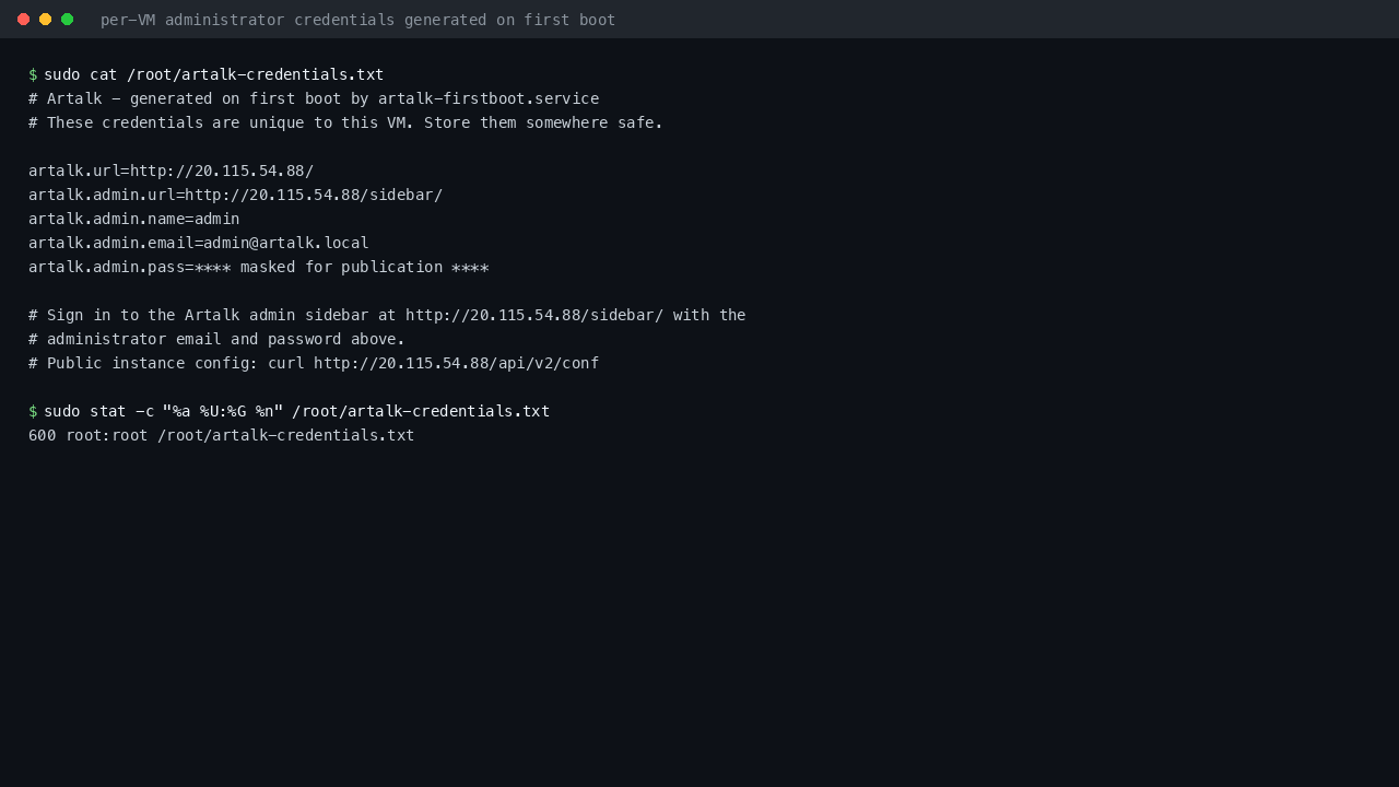 The per VM administrator credentials written by artalk-firstboot.service