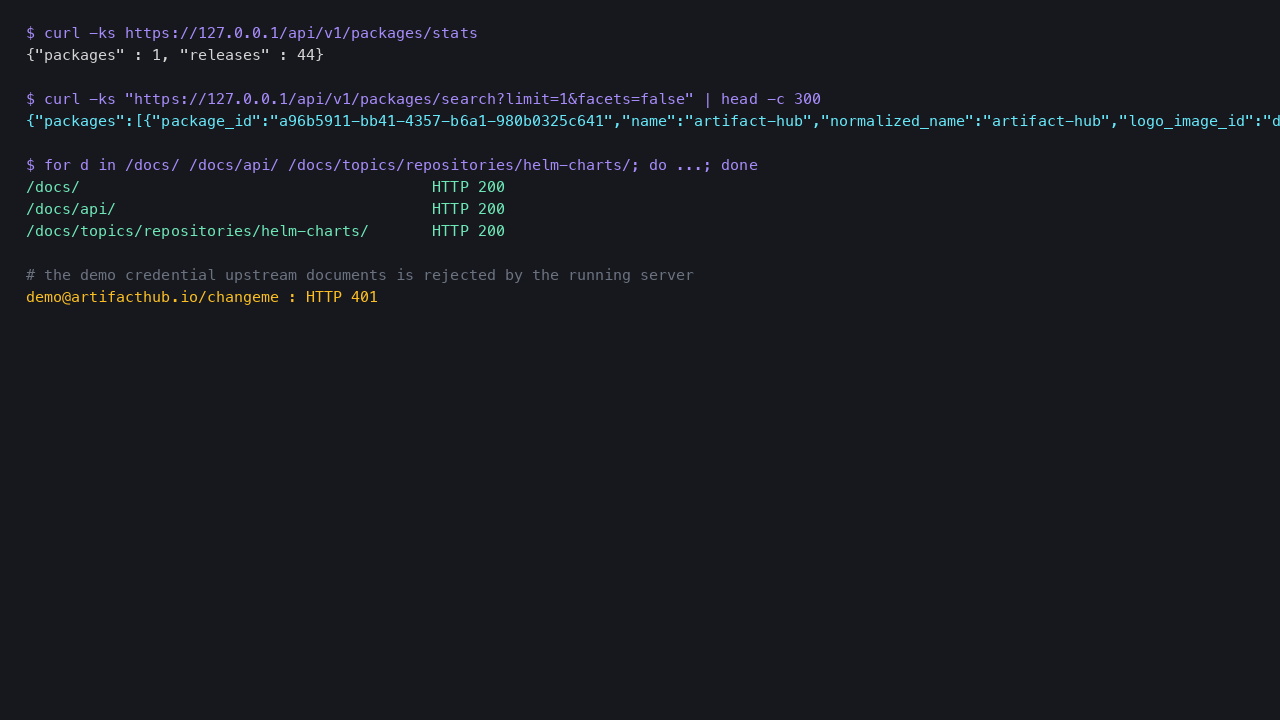 The appliance's own API returning catalogue statistics and search results, its bundled documentation answering 200, and the upstream demo credential rejected with HTTP 401