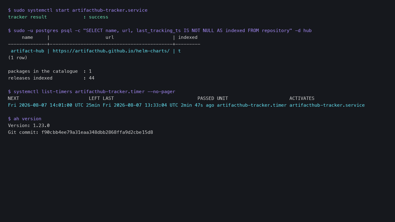 A tracker run completing successfully, the registered repository marked as indexed, and the resulting packages and releases in the catalogue