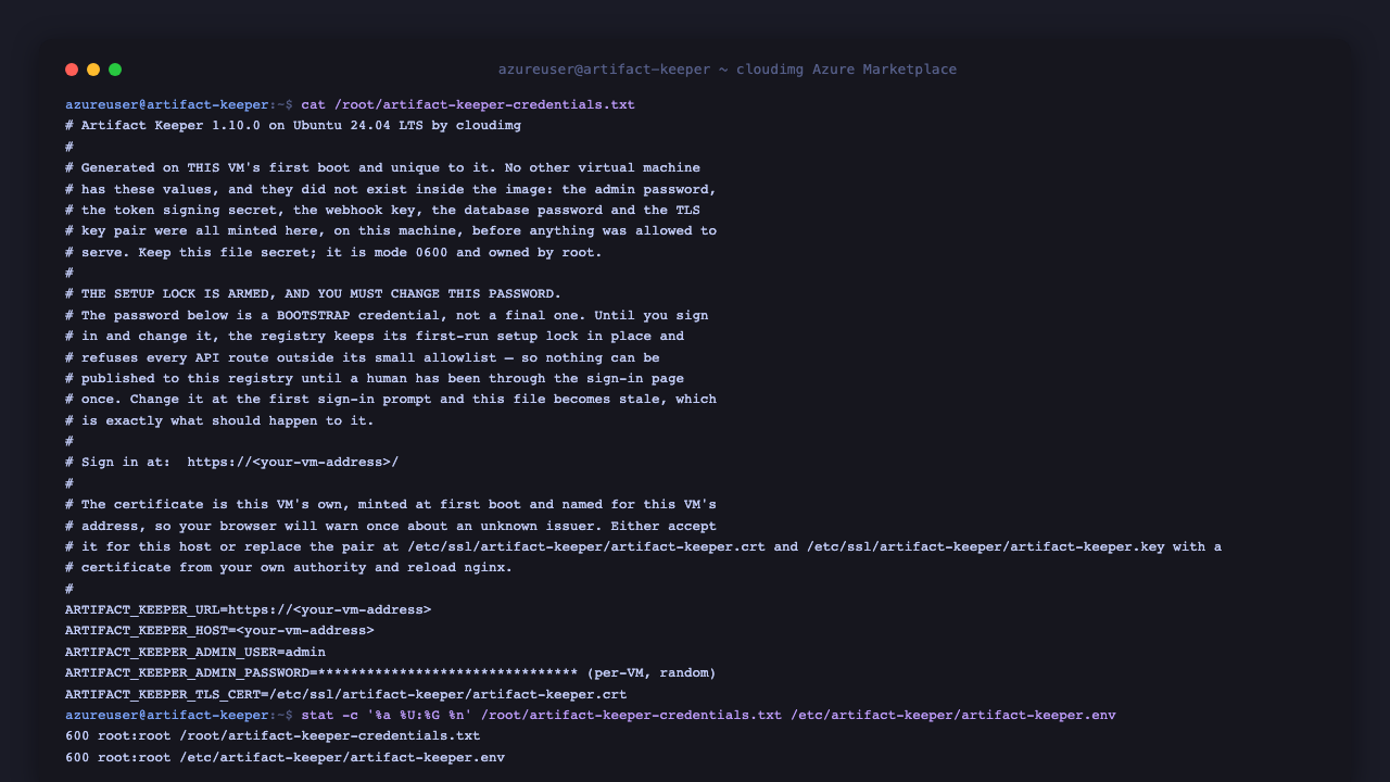 The per-VM credentials file with the administrator password redacted, and the permissions on the credentials and environment files