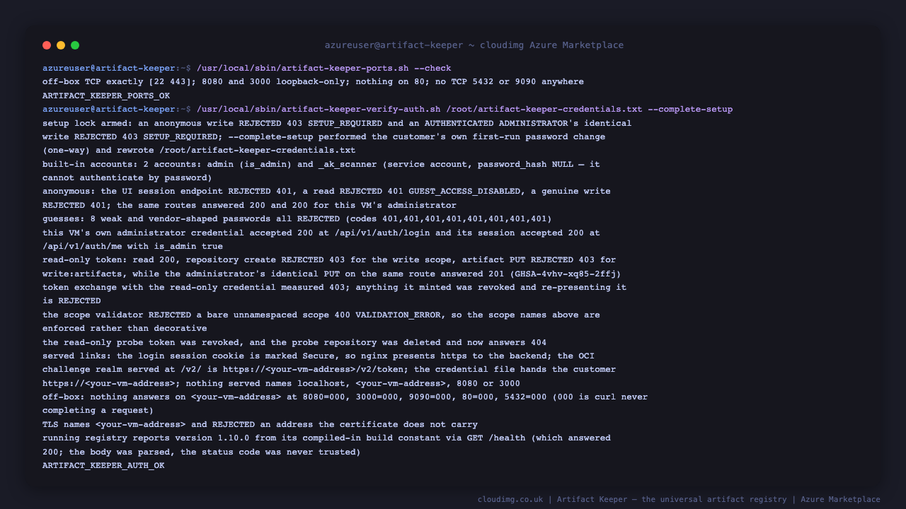 Every anonymous request refused, the setup lock refusing the administrator, a read-only token refused on write, and the running registry reporting its version