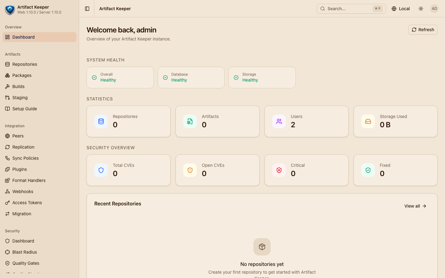 The dashboard with the setup lock cleared: web and server both 1.10.0, health green, and no repositories yet