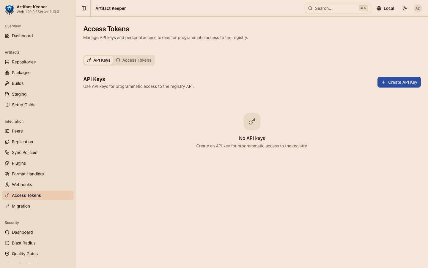 The Access Tokens view, where scoped API keys are minted — empty, as the image ships