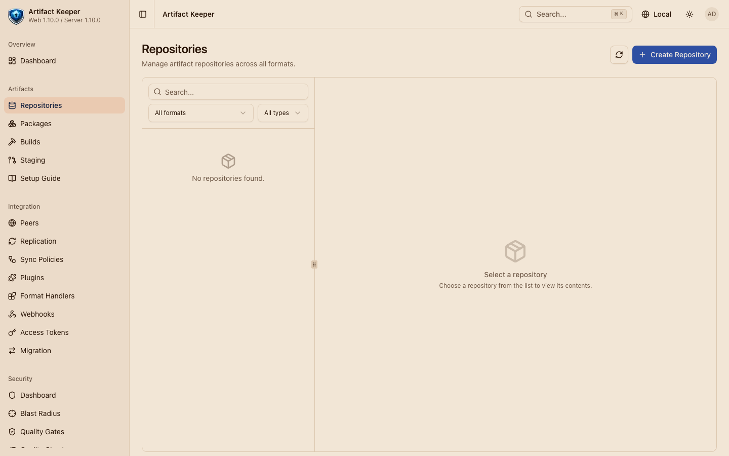 The Repositories view, filterable by format and type — empty, as the image ships