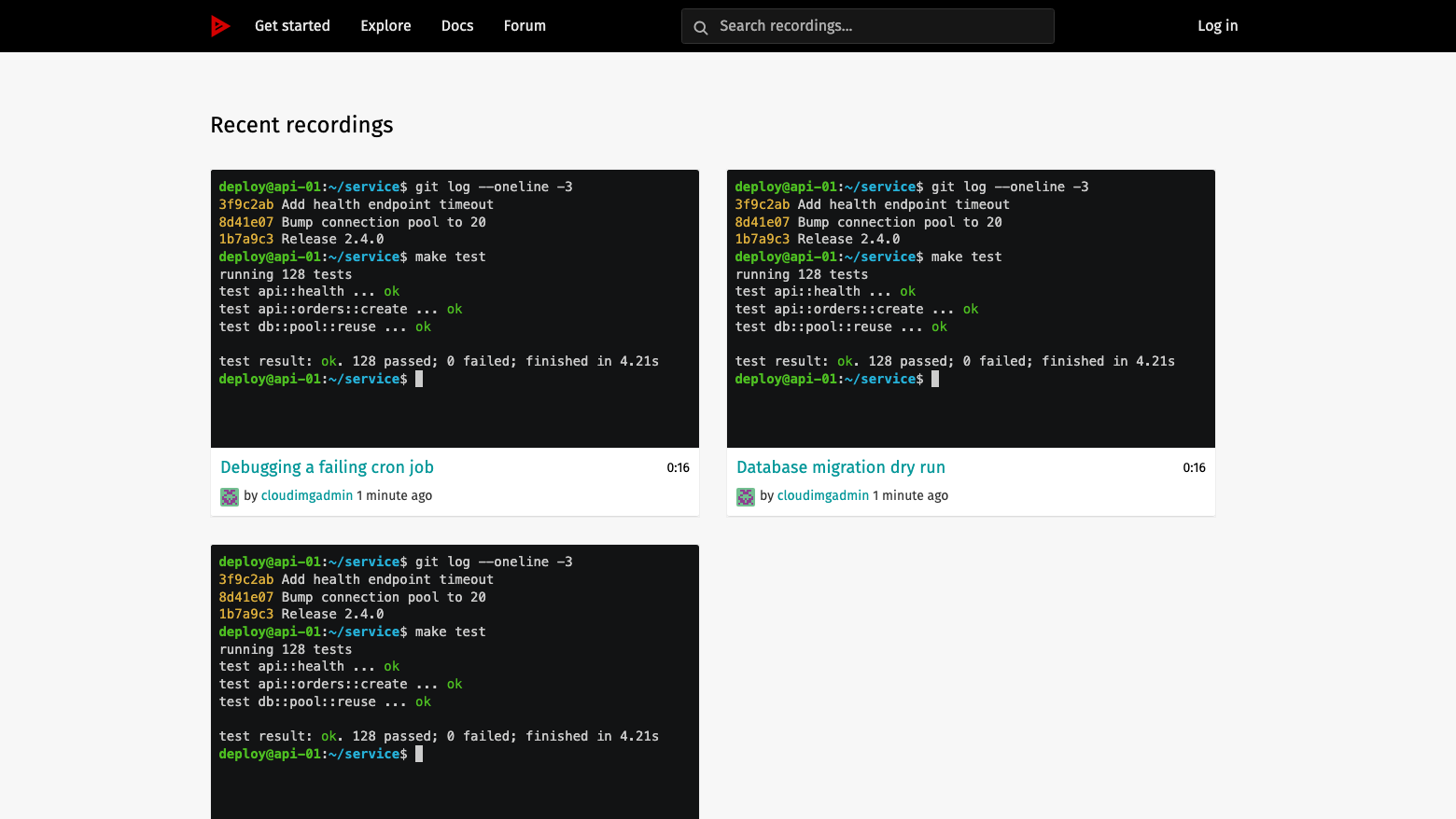 The asciinema server home page listing three recent recordings with their terminal previews, titles, durations and author