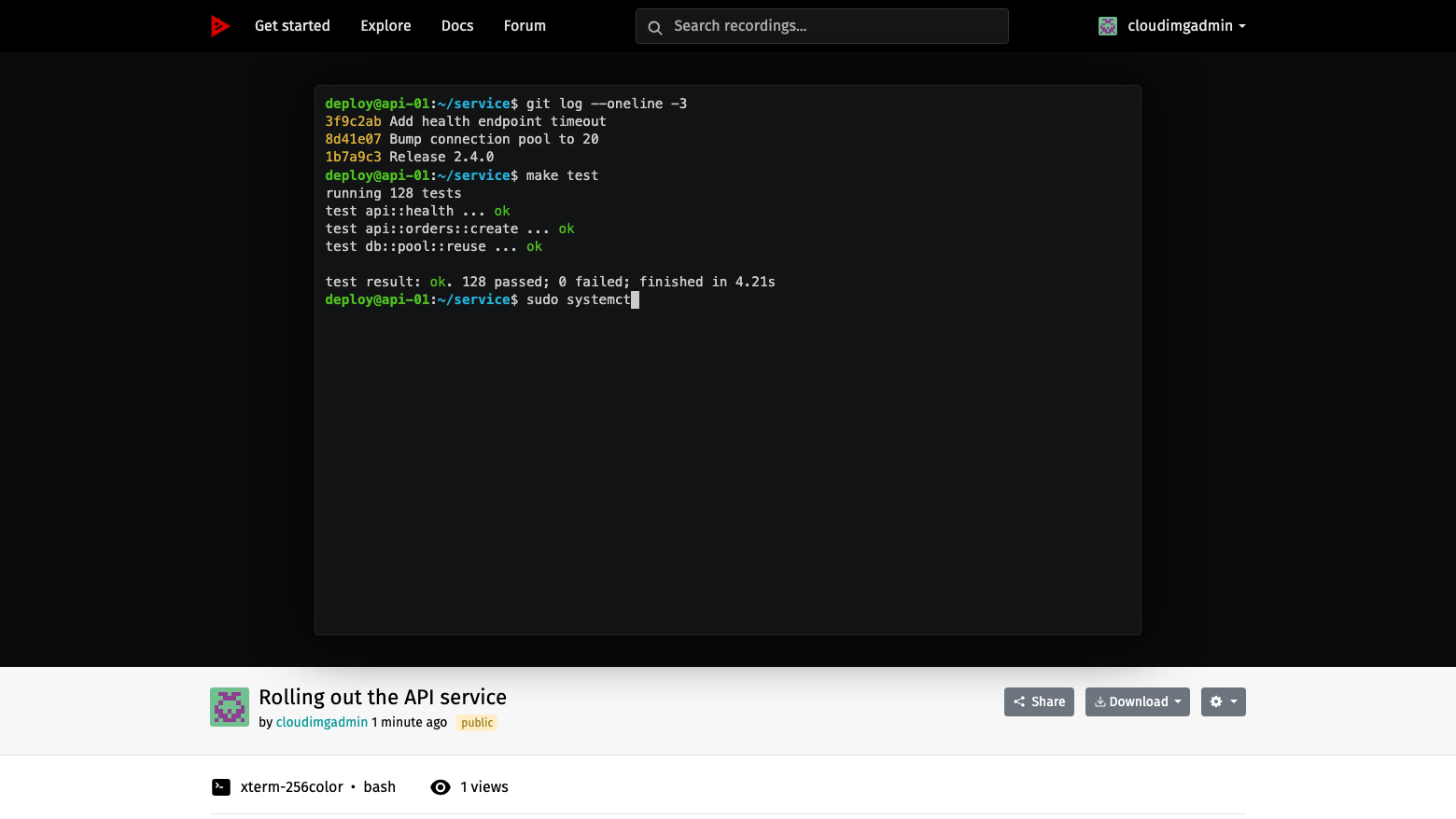A recording titled Rolling out the API service replaying in the asciinema player, with Share, Download and settings buttons below it