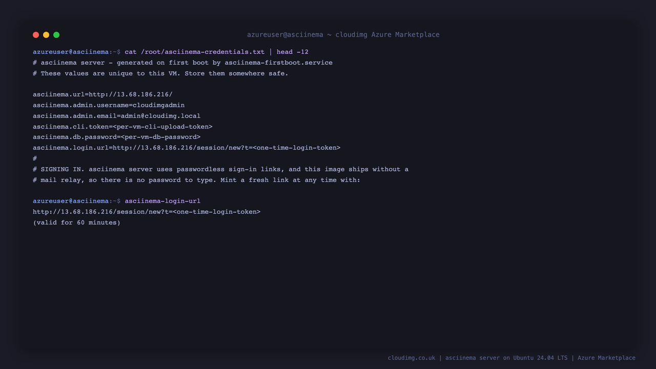 The per-VM credentials file and a freshly minted sign in link