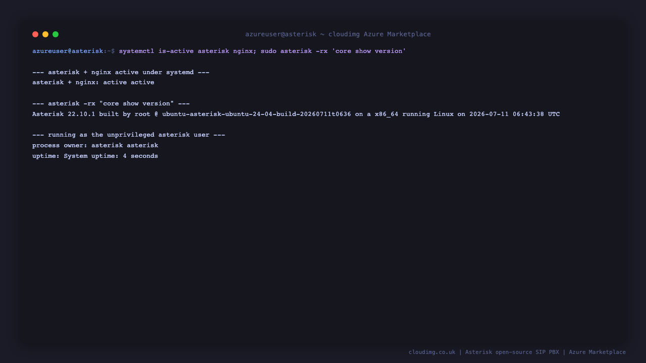 Asterisk 22.10.1 running under systemd with the asterisk and nginx services both active, core show version reporting Asterisk 22.10.1, and the process running as the unprivileged asterisk user