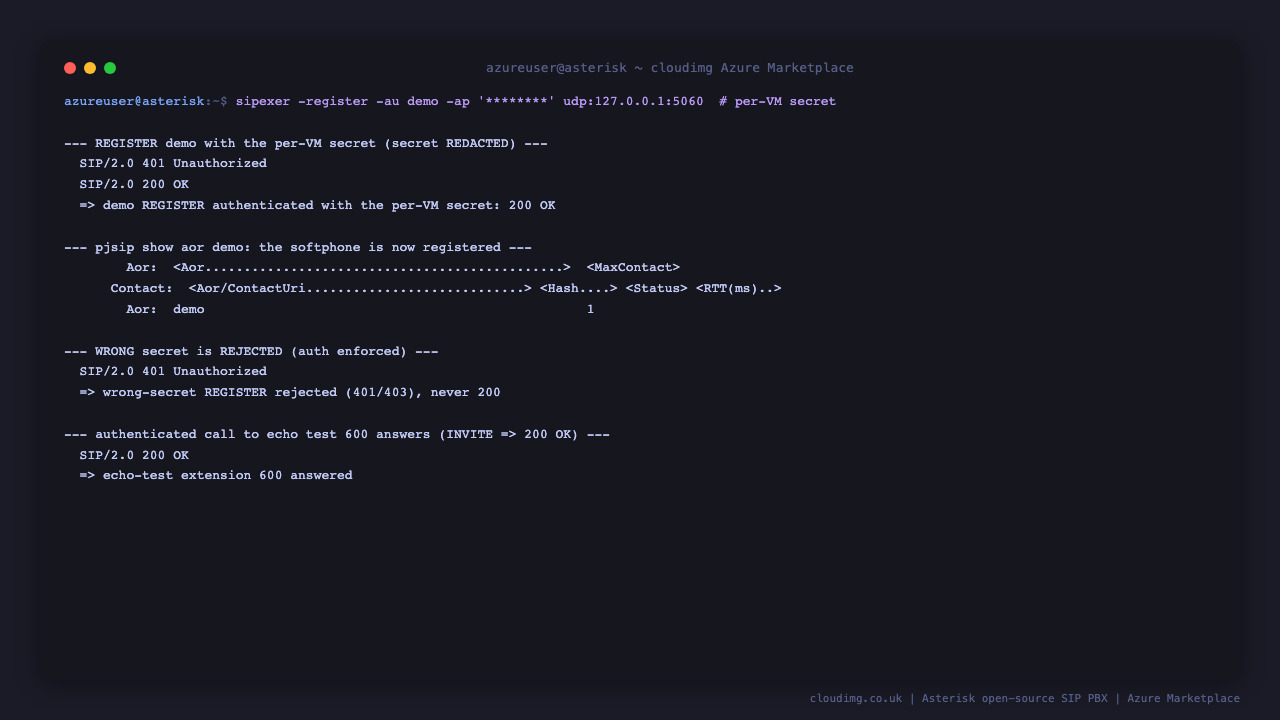 A SIP REGISTER as the demo endpoint using the per instance secret returning 200 OK and appearing as a registered contact, a wrong secret being rejected with 401, and an authenticated call to echo test extension 600 answering with 200 OK