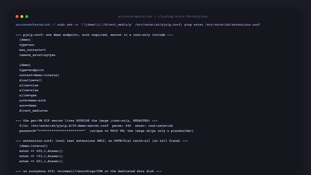 The hardened pjsip.conf demo endpoint with authentication required and the SIP secret held in a root only include and redacted, and the extensions.conf dialplan showing only local test extensions with no PSTN or Dial catch all