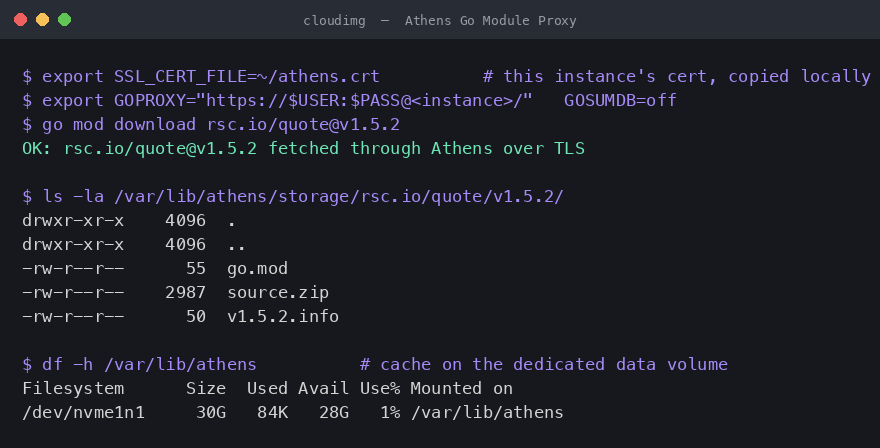 go mod download fetching rsc.io/quote@v1.5.2 through Athens over TLS, the cached go.mod, source.zip and info files listed under /var/lib/athens/storage, and df confirming the module cache is on the dedicated data volume mounted at /var/lib/athens
