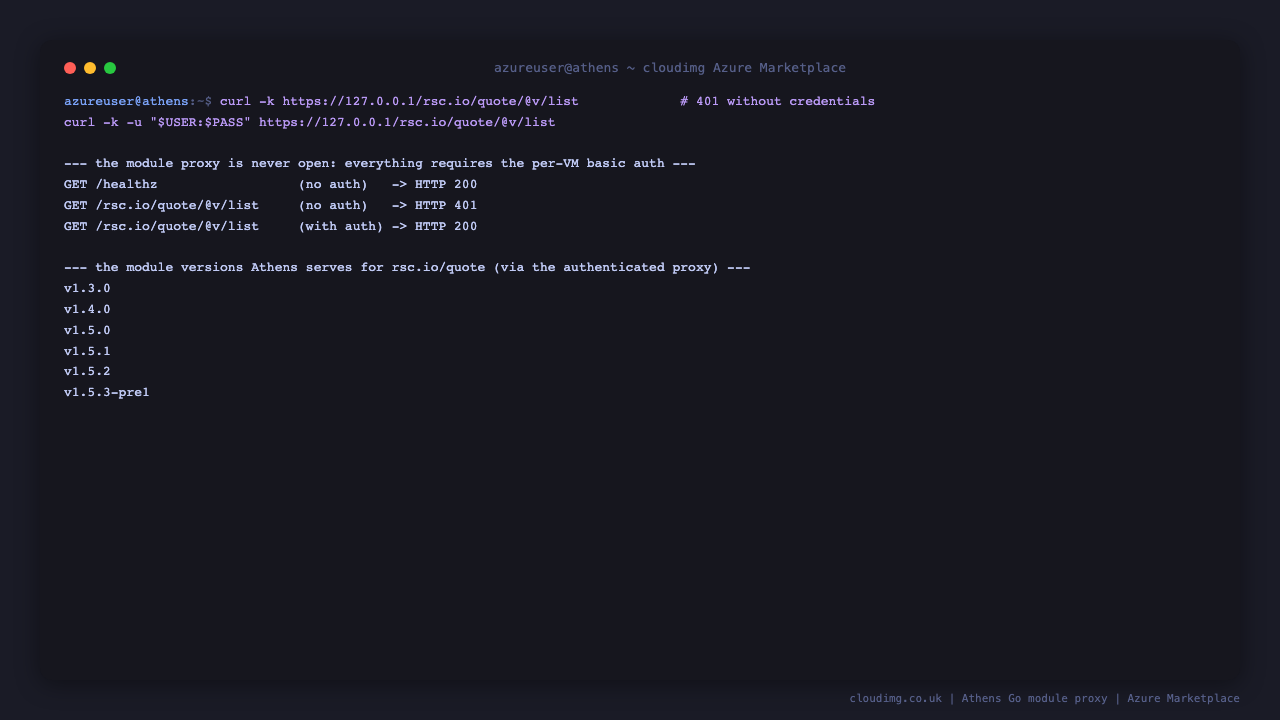 the module proxy returns HTTP 200 for the unauthenticated healthz probe, HTTP 401 for an unauthenticated module request, and HTTP 200 when the per instance basic auth credentials are supplied, and the authenticated list endpoint returns the available versions of the rsc.io/quote module