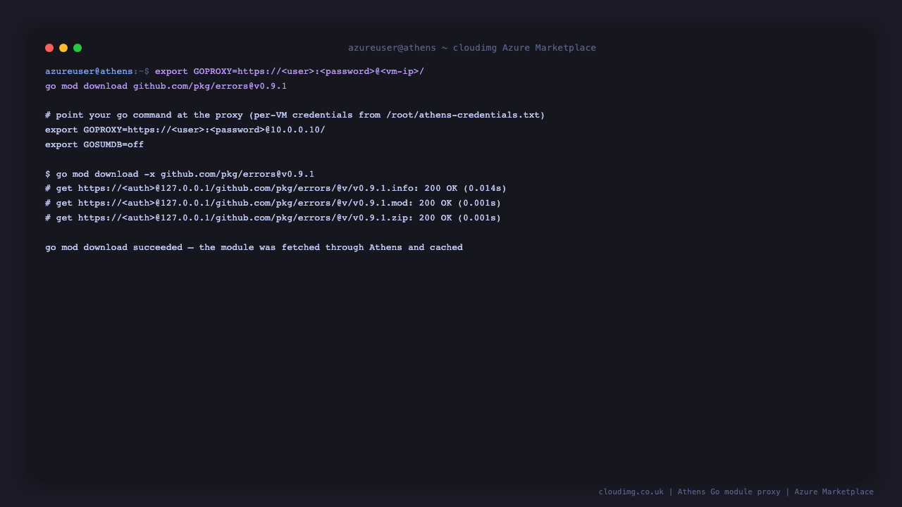 the go command is pointed at the Athens proxy with GOPROXY set to the authenticated HTTPS URL, and go mod download of github.com/pkg/errors fetches the module info, go.mod and zip through the proxy, each returning HTTP 200, then exits successfully