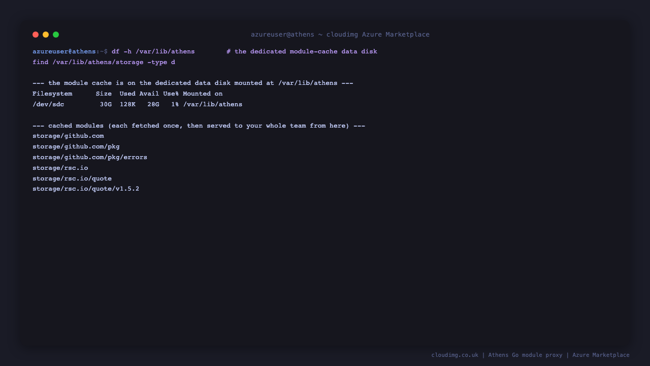 df shows the dedicated data disk mounted at /var/lib/athens, and the storage directory lists the cached modules including github.com/pkg/errors and rsc.io/quote, each fetched once and now served from the local cache