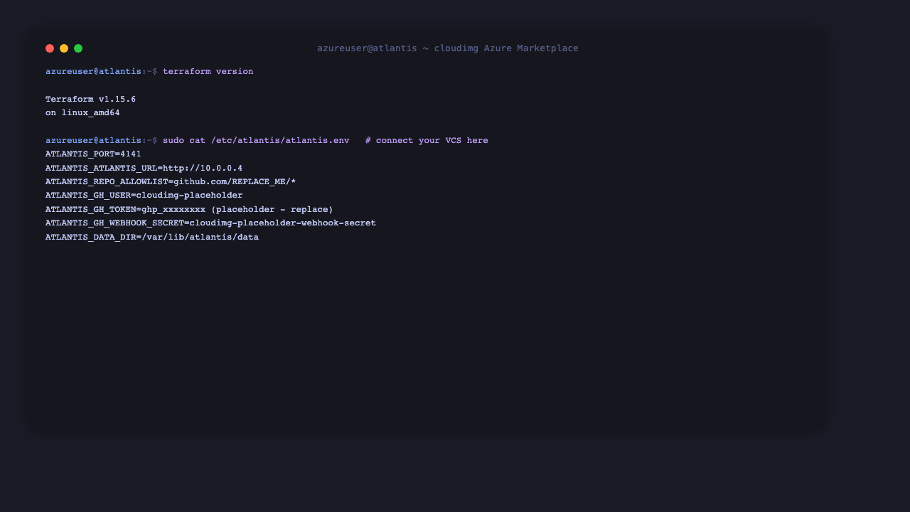 Terraform version and the atlantis.env file the customer edits to connect a VCS provider