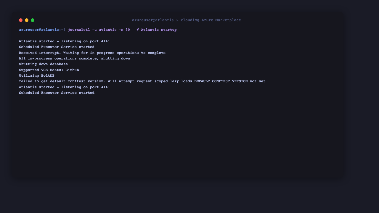 Atlantis startup log showing it listening on port 4141 and the supported VCS host