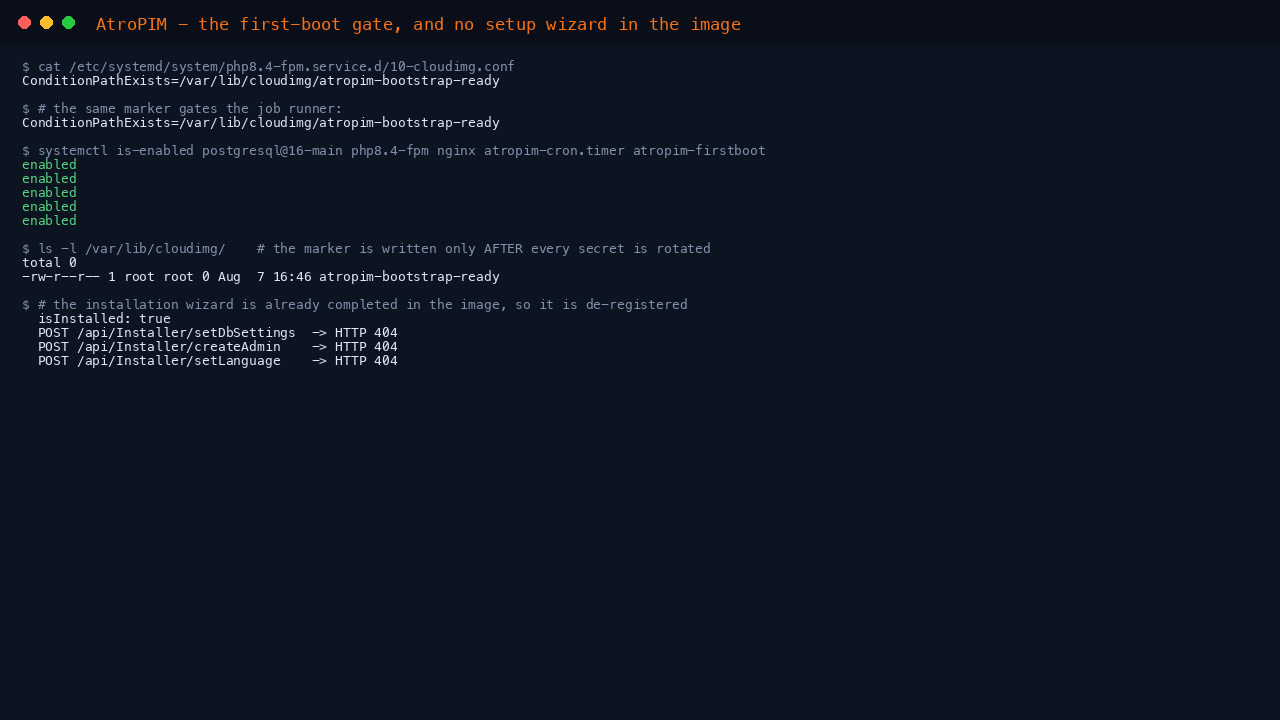 The php8.4-fpm and job runner units both gated on the cloudimg bootstrap marker, all units enabled, the marker present, isInstalled reporting true and all three AtroCore installer endpoints returning HTTP 404