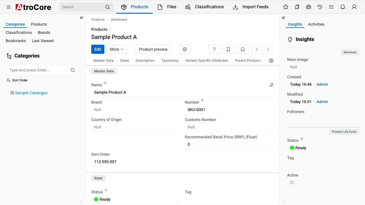 The Sample Product A record after editing, with the Description panel showing the newly saved text rendered back in the browser