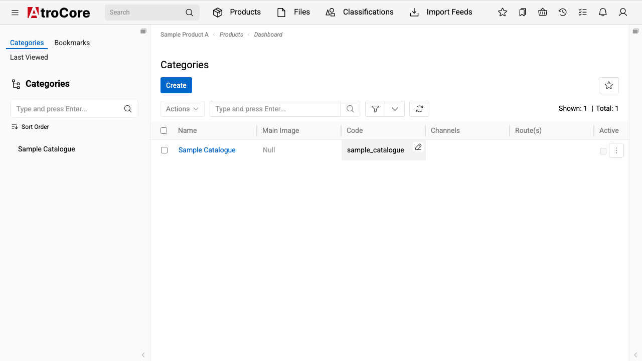 The AtroPIM Categories view listing the Sample Catalogue category with its code, alongside the category tree panel