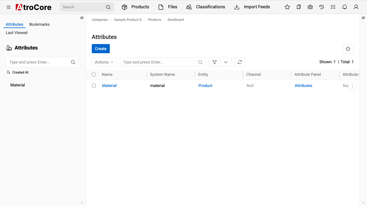 The AtroPIM Attributes view showing the Material attribute with system name material, bound to the Product entity and placed on the Attributes panel