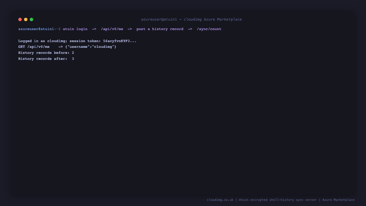 The seeded account logs in and receives a session token, the authenticated me endpoint returns the account username, and after posting a history record the record count returned by the sync count endpoint increases, proving the sync API is live and persisting encrypted records in PostgreSQL