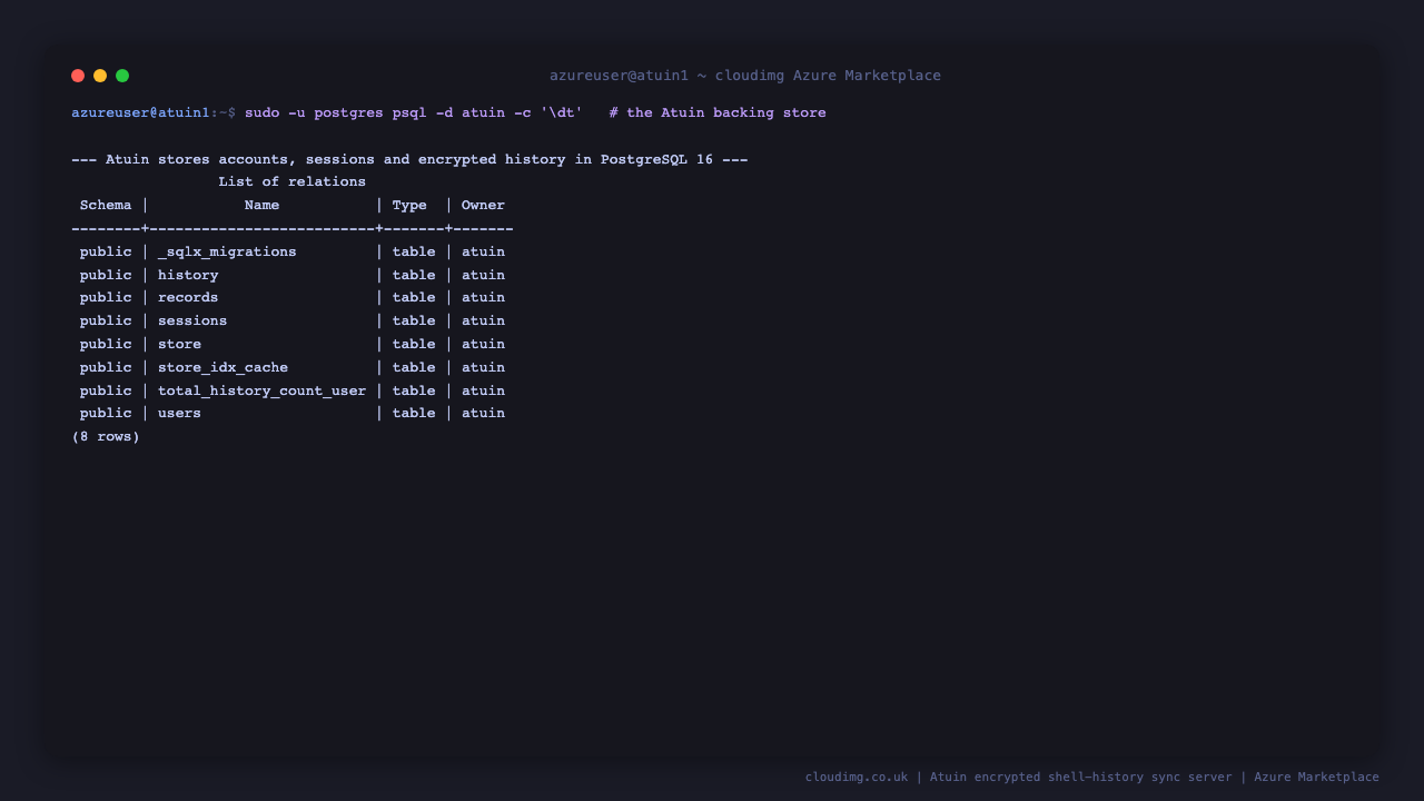 psql lists the Atuin tables in the atuin database, including history, users, sessions, records and store, showing the PostgreSQL backing store that holds the encrypted sync data