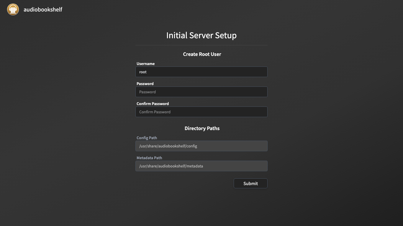 Audiobookshelf first-visit create-root-user screen