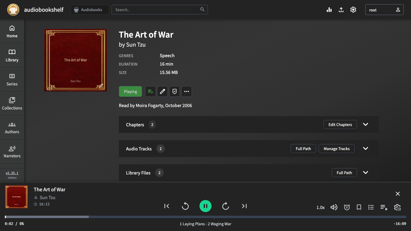 Audiobookshelf web player streaming an audiobook
